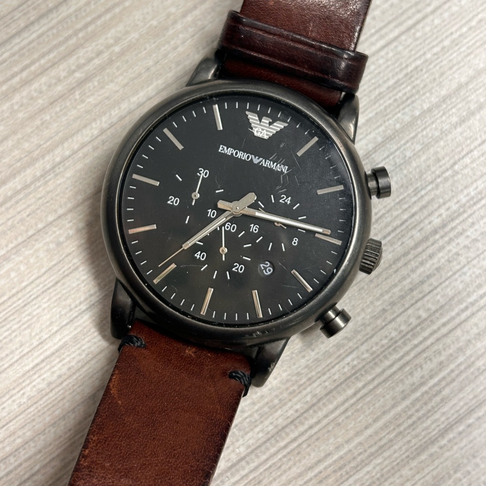 Emporio Armani Men's Black Dial Brown Leather Strap Chronograph